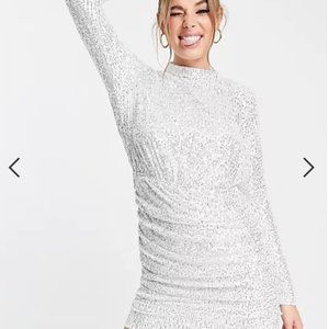 Asos exclusive sequin high neck drape detail mini dress in silver